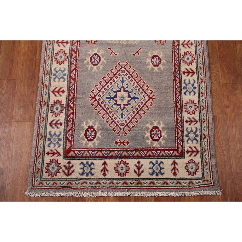 Gray Geometric Kazak Runner Rug Handmade Oriental Wool Carpet - 2'8" x 19'5"