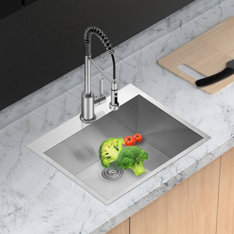 Drop-In 16 Gauge Single Bowl Stainless Steel Kitchen Sinks in Brushed Nickel - 25'' x 22'' x12''