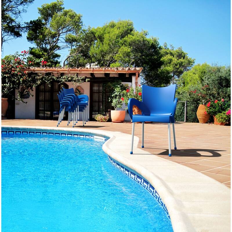 33.25" Blue and Silver Outdoor Patio Dining Arm Chair