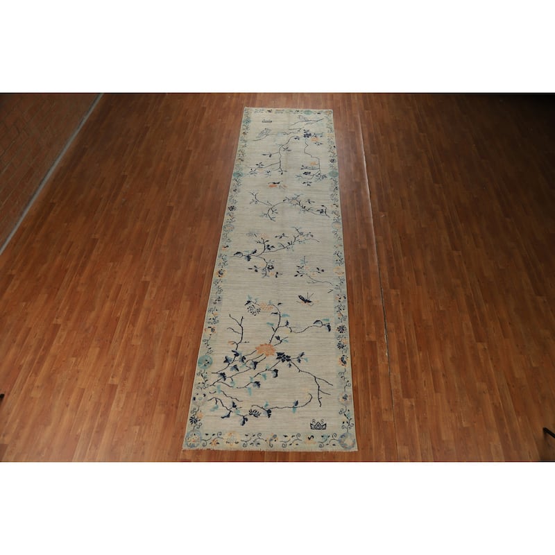 Vegetable Dye Art Deco Turkish Runner Rug Handmade Wool Carpet - 4'0" x 14'4"