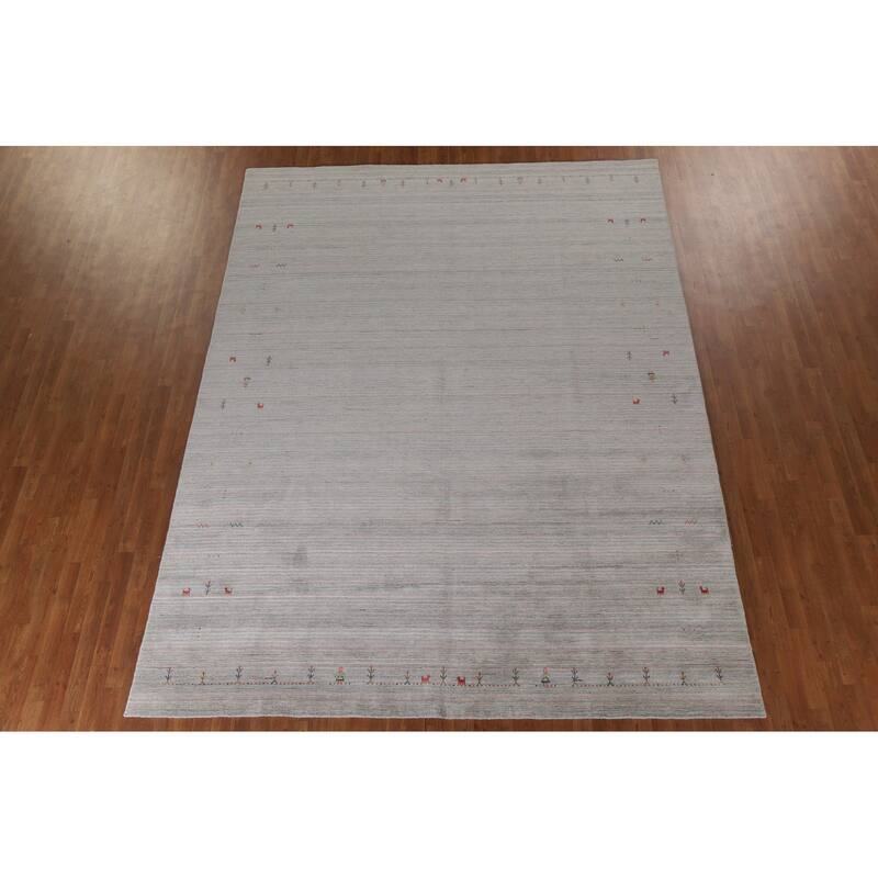 Striped Beige Gabbeh Oriental Area Rug Hand-Knotted Wool Carpet - 9'0"x 11'9"