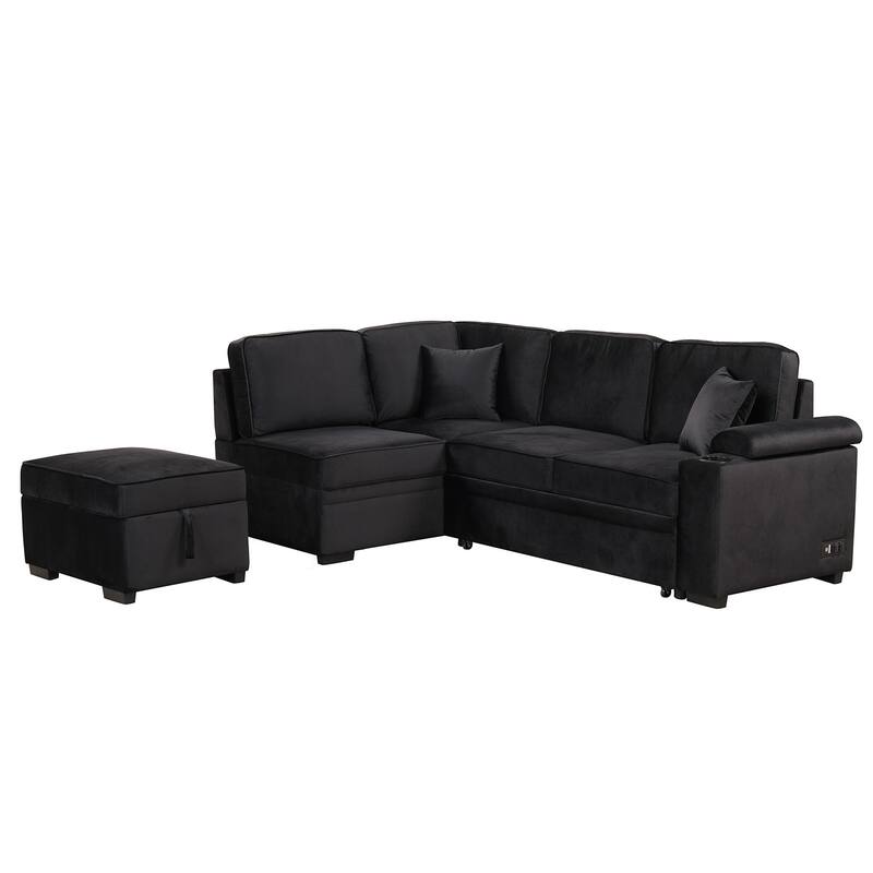 Modern 2 in 1 Pull Out sofa bed L Shape Couch with Storage Ottoman