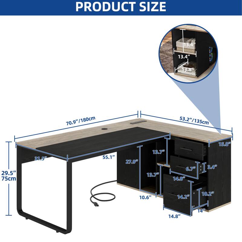 Moasis 70" Executive Desk w/ USB Port & Power Outlets, L Shaped Computer Desk with Storage Cabinet