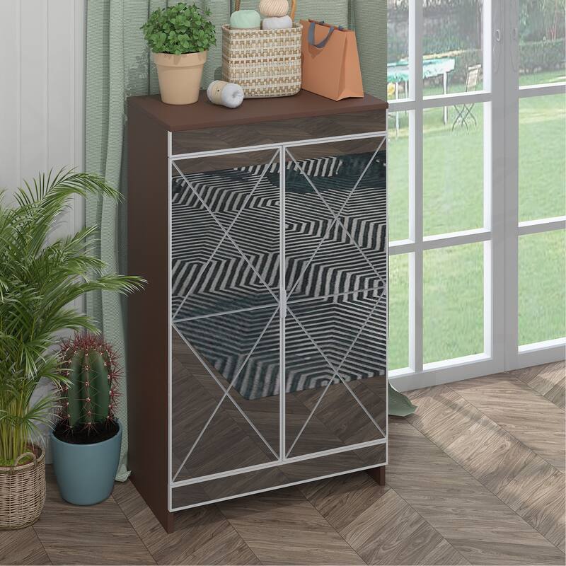 Modern Mirrored Shoe Storage Organizer Cabinet with Frosted Glass and Geometric Carvings for Elegant Storage in Small Spaces