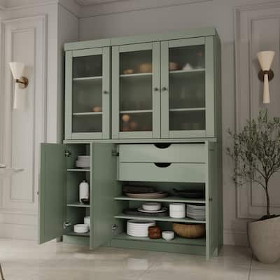 100% Solid Wood 48.5" Pantry China Cabinet with Frosted Glass, Solid Wood Doors and 2-Drawers