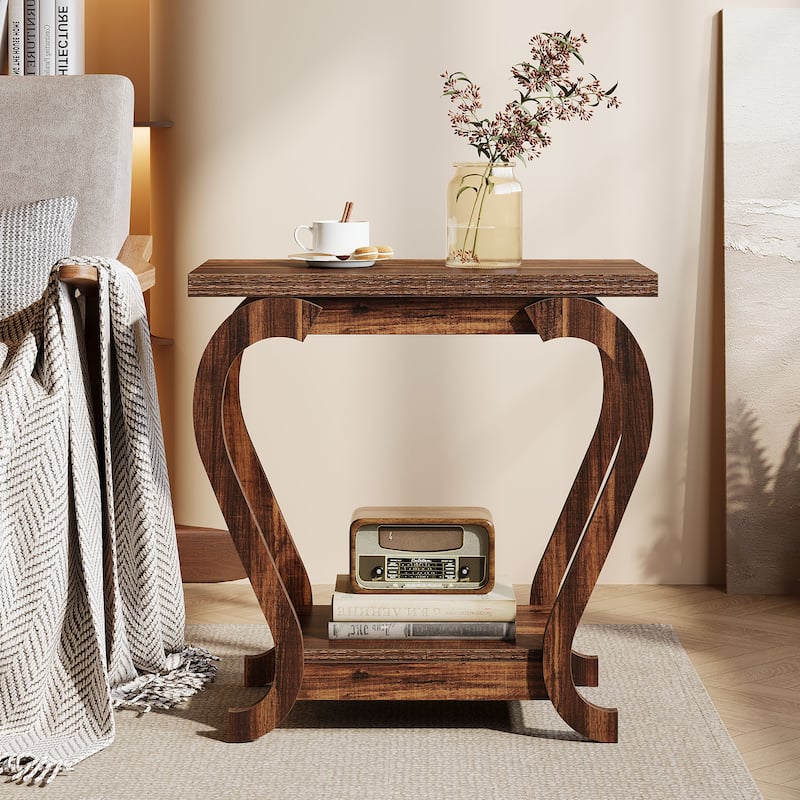 2-Tier End Table, Narrow Wood Side Table with Storage Shelves