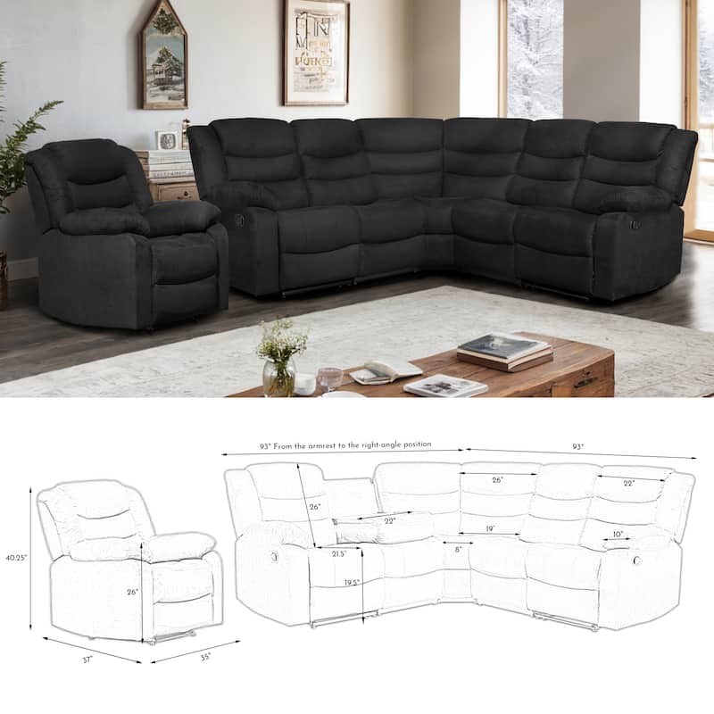 Recliner and Sectional Sofa Set, Suede 6-Piece Manual Reclining Sectional Sofa Set with Dropdown Table