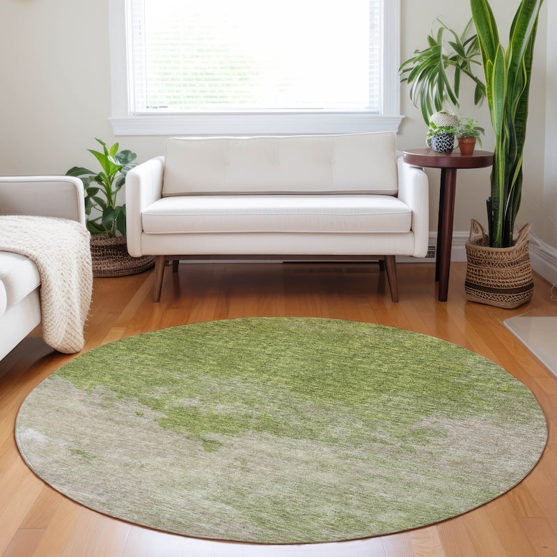 Machine Washable Indoor/ Outdoor Abstract Modern Chantille Rug - Olive - 8' x 8'