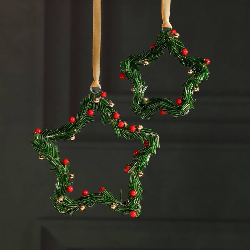 Festive Beaded Christmas Star Hanging Ornaments with Red Berries, Set of 12, 4"