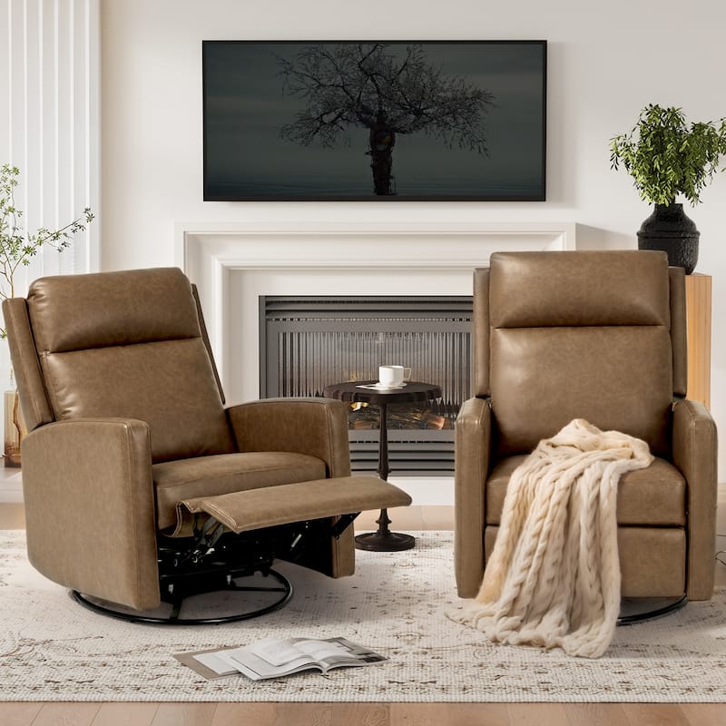 Modern Swivel Recliner Chair with Glider Rocking Motion High Back PU Leather Upholstery - Brown