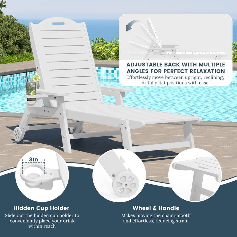 Brighton Outdoor Poly Reclining Chaise Lounge with Wheels & Cup Holder (Set of 2)