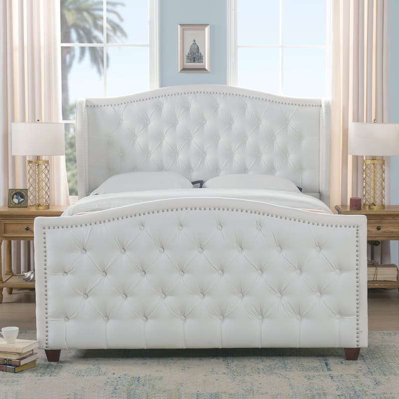 Athens Upholstered Nailhead Tufted Wingback Panel Bed - Bright White Polyester - Queen