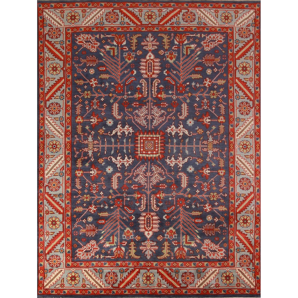 Hand Knotted Oriental 100% Wool Carpet Transitional All-Over Navy Blue & Blues Oushak Area Rug - 9' 11'' X 7' 9''