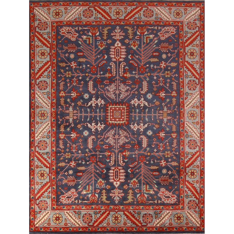 Hand Knotted Oriental 100% Wool Carpet Transitional All-Over Navy Blue & Blues Oushak Area Rug - 9' 11'' X 7' 9''