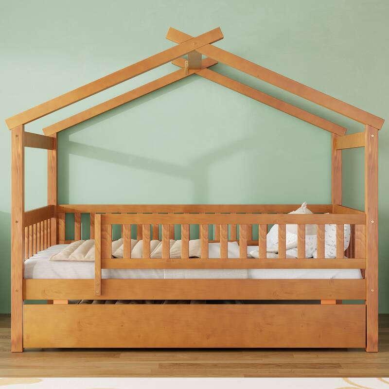 Twin Size Wooden House Bed with Twin Size Trundle