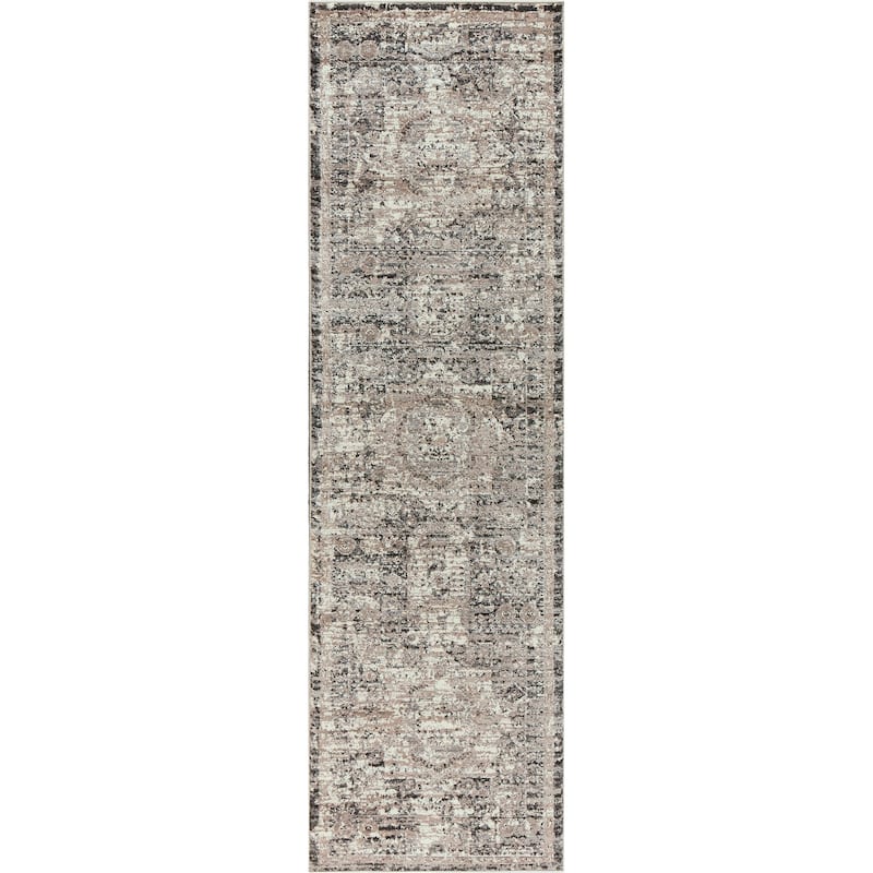 Alora Decor Swagger Beige, Cream, Grey, and Black Persian-style Medallion Rug - 2'3" x 7'7" - Natural Grey