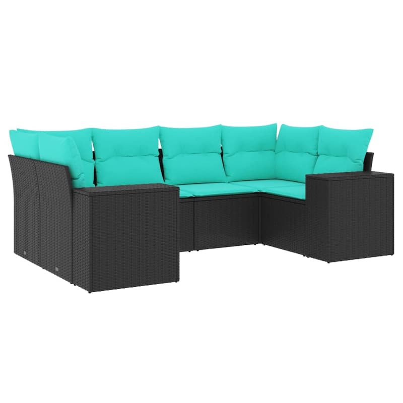 vidaXL 6 Piece Patio Sofa Set with Cushions Black Poly Rattan - 24.4 x 24.4 x 27.2-With table