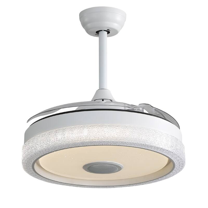 Modern 42 Inch Invisible Ceiling Fan with Bluetooth Player & Retractable ABS Blades, Dimmable LED Ceiling Fan Light, White