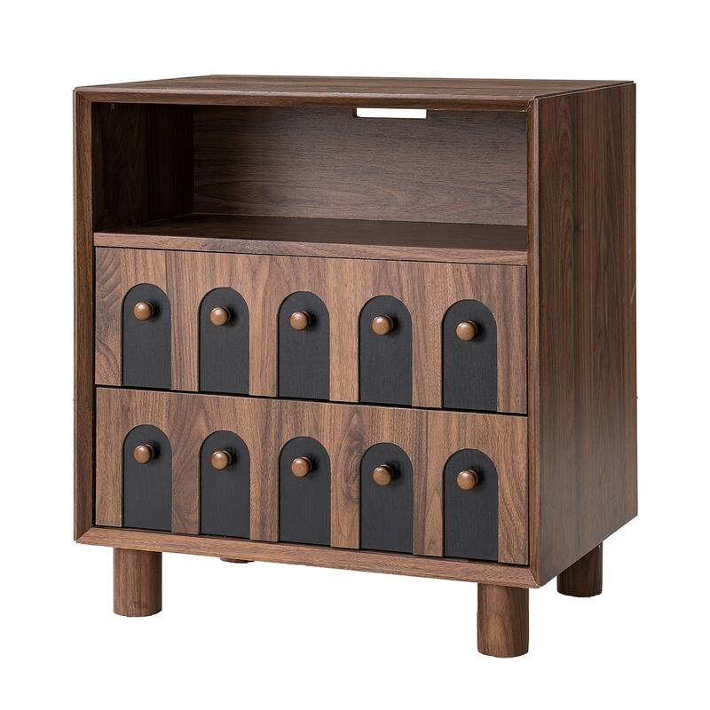 Bedside Cabinet Walnut Nightstand File Cabinet with Open Shelf, Storage Cabinet Lamp Table with Drawers - Walnut