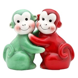 Red and Green Monkey Chimp Apes Hugging Salt Pepper Shakers Set - Red