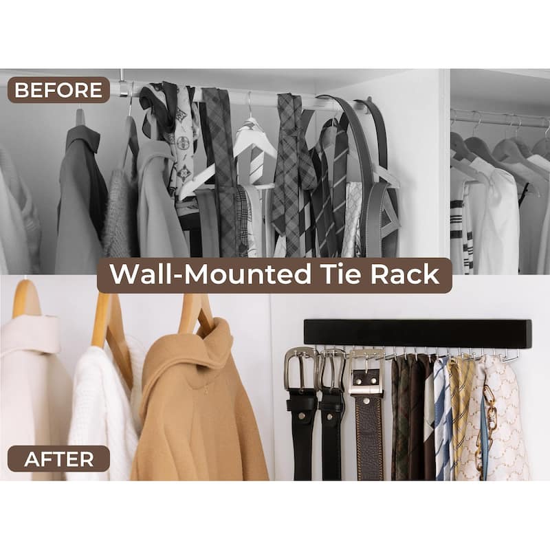 2-pack Wall-Mounted Wooden Hangers with 20 Hooks for Ties, Belts, Hats