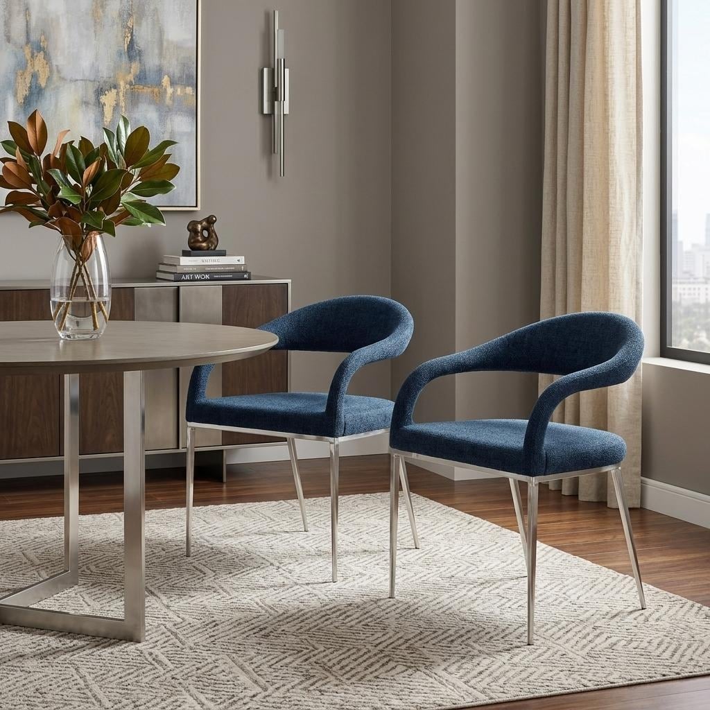 HomeRoots Set of Two Blue And Silver Upholstered Polyester Open Back Dining Arm Chairs - 21.00 in. x 30.00 in. x 22.00 in.
