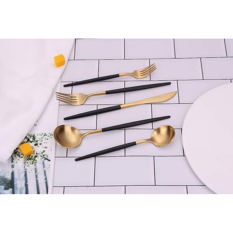 20 Pc Flatware Set Matte Gold With Black Handles - Service For 4