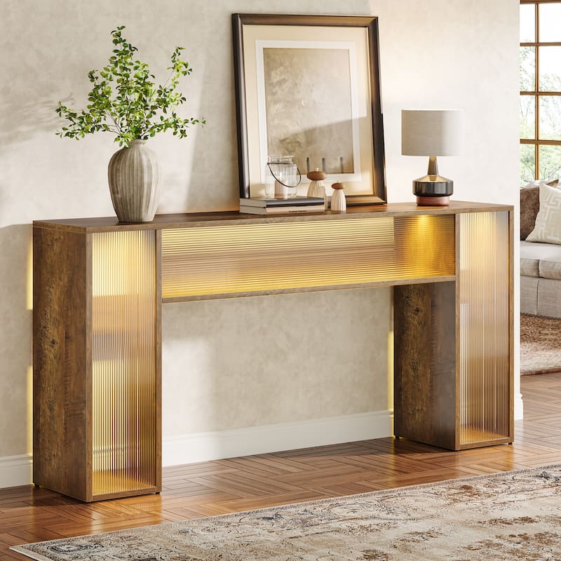 63" Long Farmhouse Wood Console Table with LED Light for Living Room - 62.99" W x 11.81" D x 33.07" H - Brown