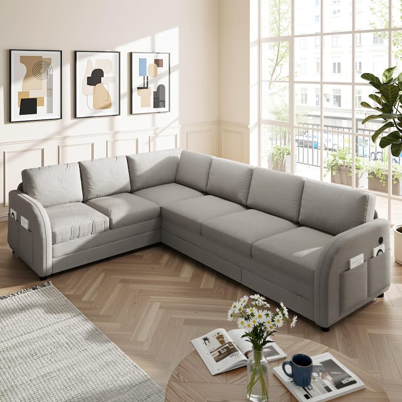 Homy Casa 85"/115" L-Shaped Sectional Sofa Bed USB & Side Pocket, Teddy Fabric Pull-Out Sleeper, Reversible Chaise, Multi Colors