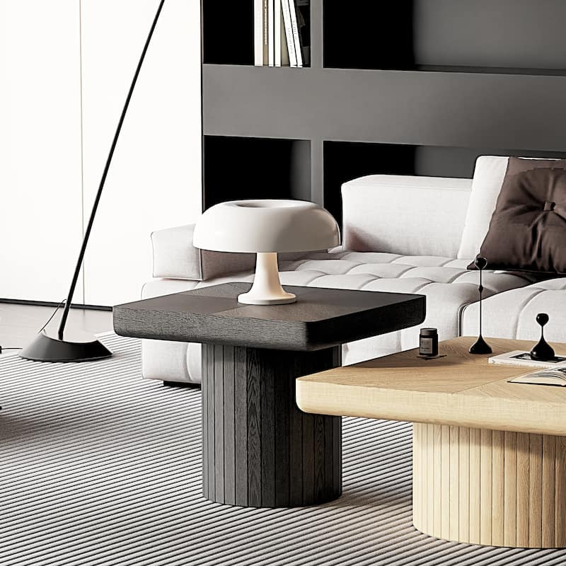 Solid Wood End Table for Living Room, 23.6'' Square Side Table Accent Table with Grooved Cylindrical Base & Thickened Top