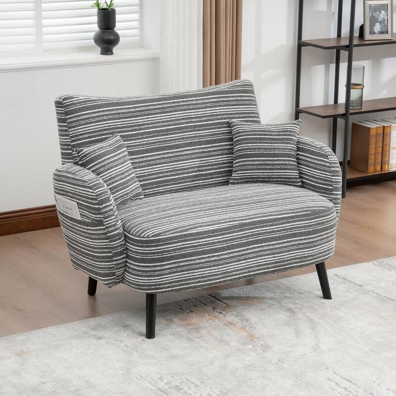 HOMEFUN Boucle Upholstered Stripes Comfortable Wood Frame Loveseats Sofa with Side Pocket and 2 Pillows - Dark Grey