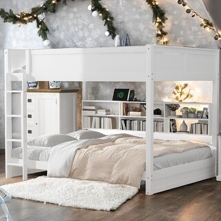 Queen over Queen Bunks Platform Bed with Storage Cabinets and USB Ports