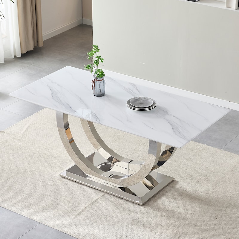69.30 Inch Rectangular Dining Table, Modern Simple, Marble Tabletop, MDF Tabletop, Suitable For 4-6 People - Silver+White