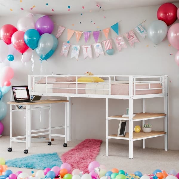 slide 2 of 18, Modern Twin Size Metal Loft Bed with Desk and Shelves,Sturdy Construction White