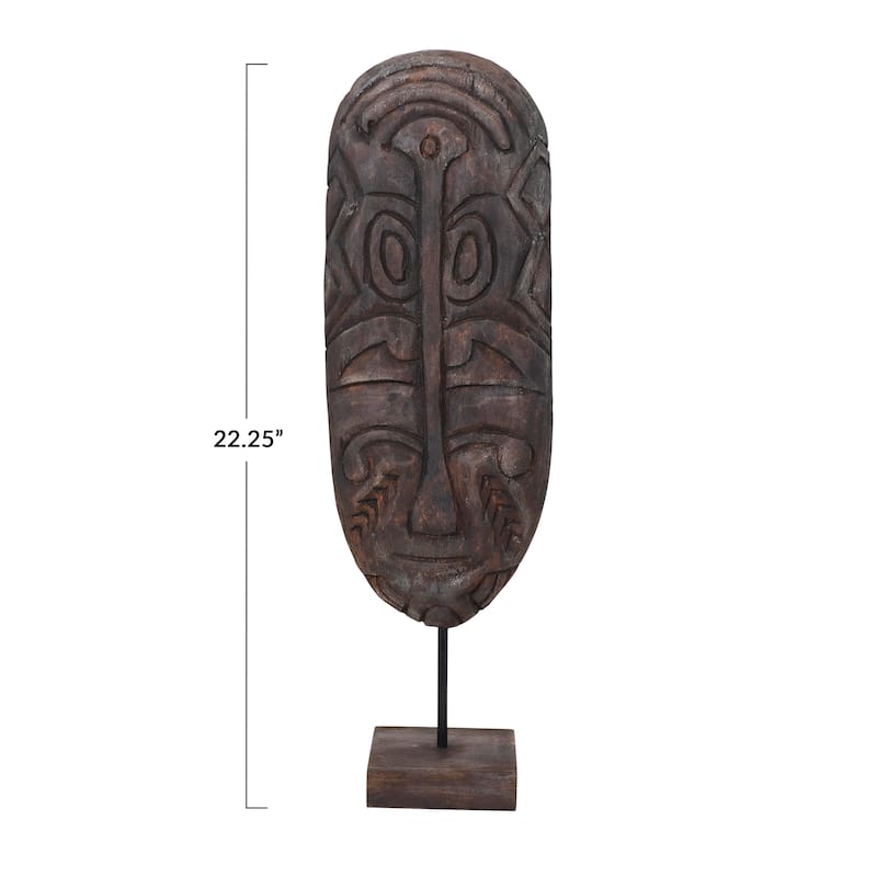 Hand-Carved Mango Wood Mask on Stand, Dark Finish