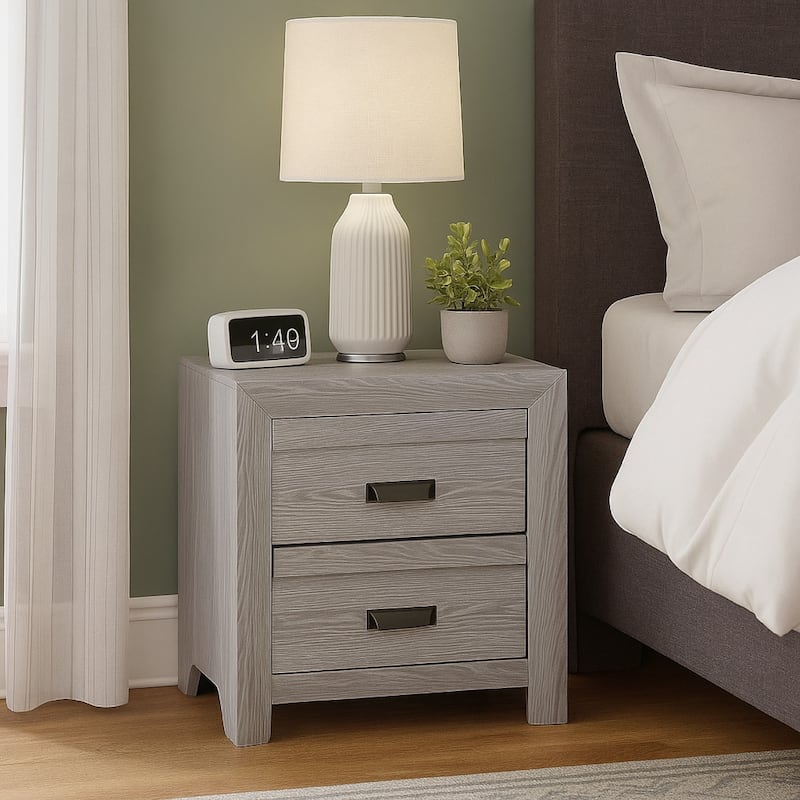 Laide Nightstand with 2 Drawers, Cup Handles, Gray Driftwood Finish Wood