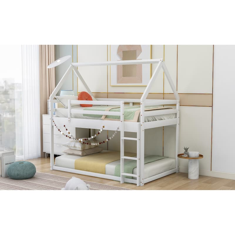 Twin over Twin Low Bunk Bed, House Bed with Ladder