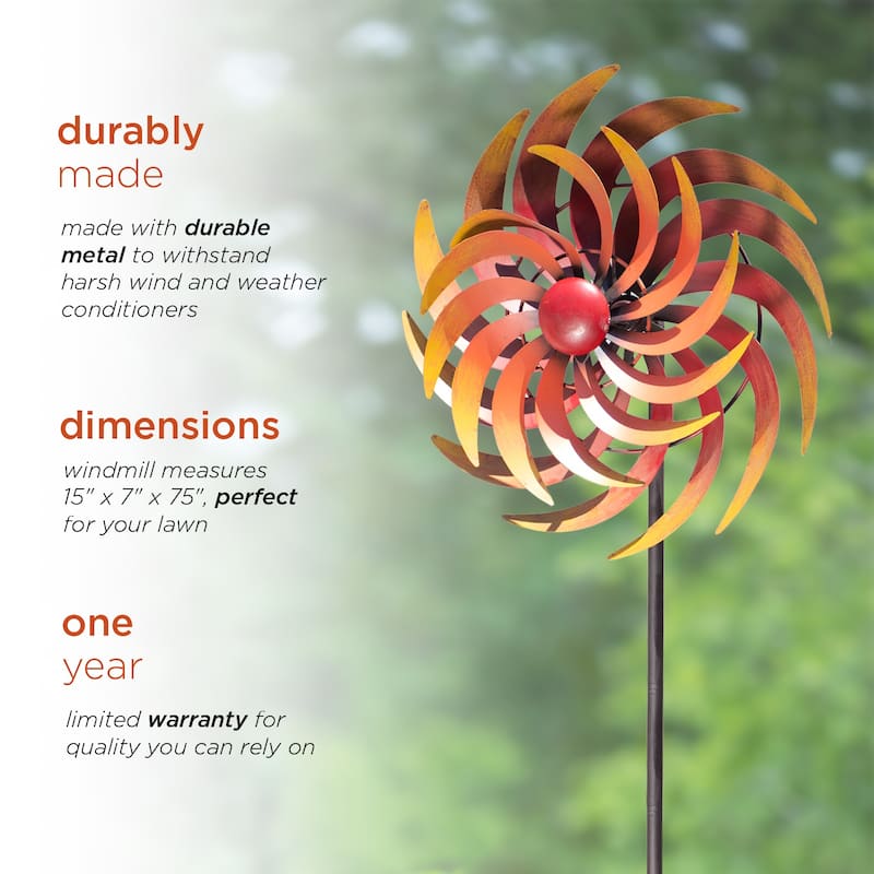 Alpine Corporation 75" Tall Outdoor Dual Metal Rustic Garden Kinetic Wind Spinner Stake, Red and Orange