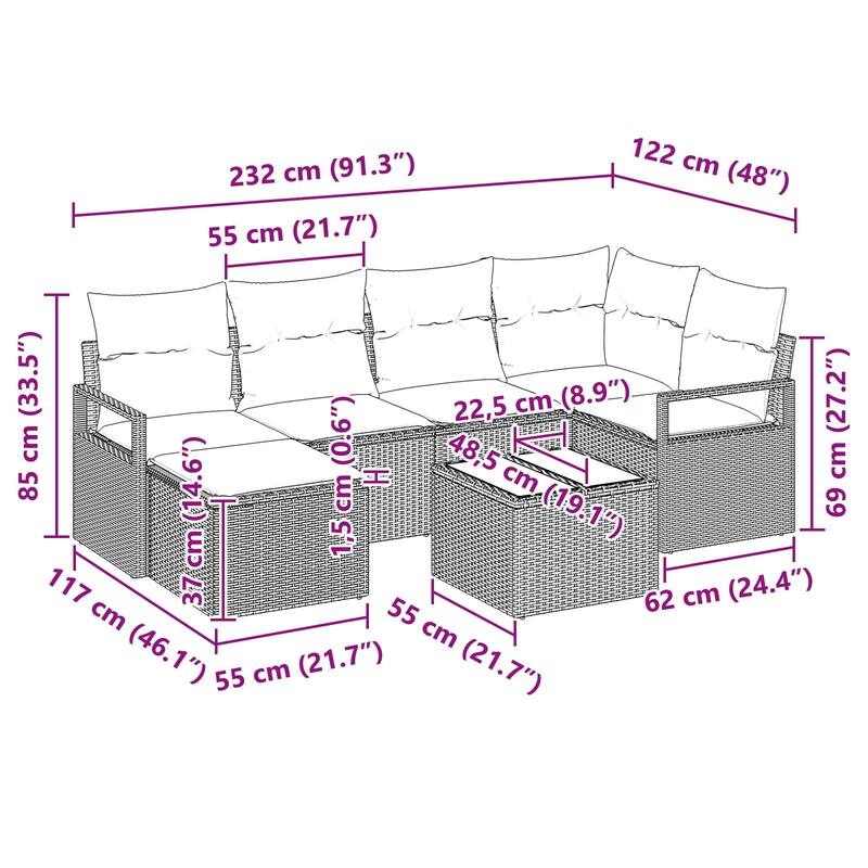 7 Piece Garden Sofa Set with Cushions - 91.3×48×27.2