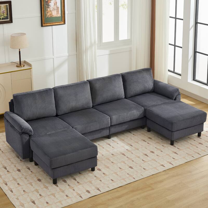 116.5" Corduroy U-Shaped Modular Sectional Sofa with 2 Movable Ottomans