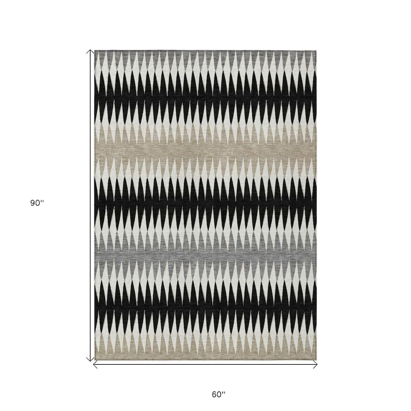 Black Gray And Beige Striped Washable Indoor Outdoor Area Rug - 5' X 8'