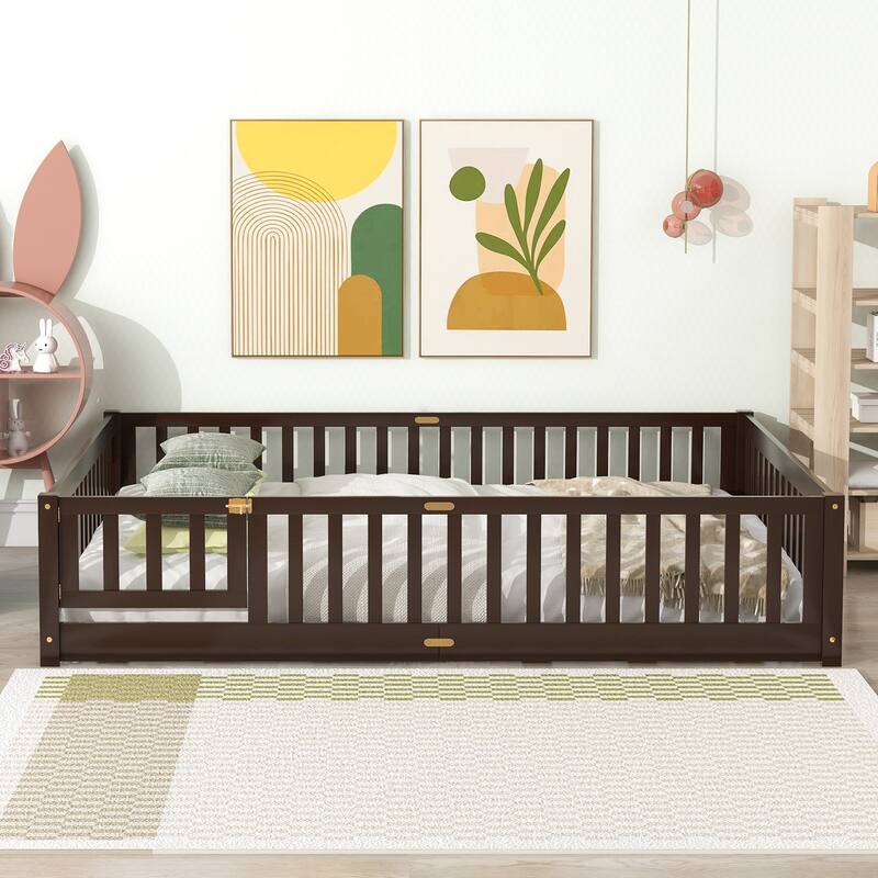 Floor Platform Bed with Fence Guardrails and Door