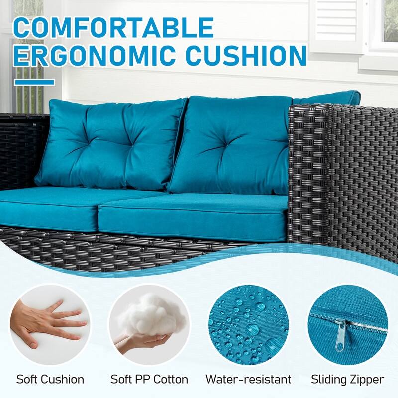 Patio 4-Piece Wicker Sectional Set with 2 Loveseats, Hydraulic Storage Box & Pet House Table