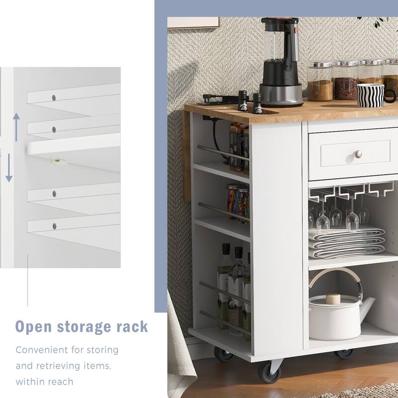 Open Rolling Kitchen Island on Wheels with Drop Leaf and Power Outlet