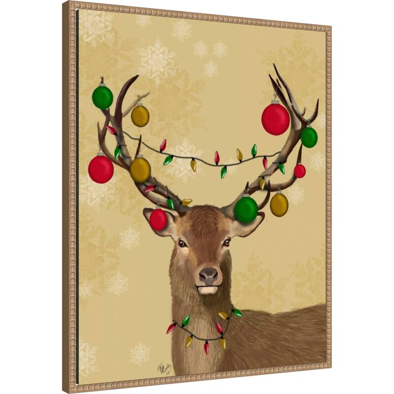 Stag and Baubles by Fab Funky (23 x 28 in.), Framed Canvas Wall Art Print - Sylvie Beaded Rustic Natural