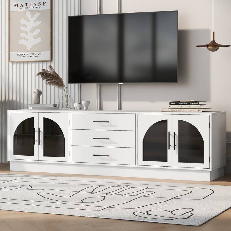 Roomfitters Modern Minimalist TV Stand for up to 75 Inch TV, Entertainment Console Cabinet with Adjustable Shelves - White