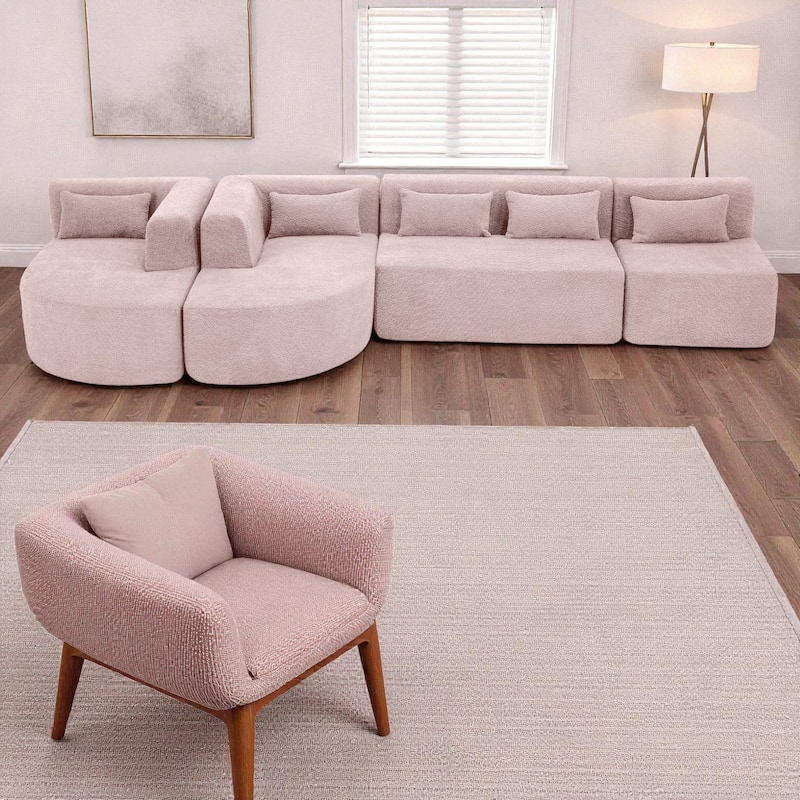 144" Modular Upholstered Sofa with 2 Curved Chaise Lounges and 5 Back Pillows, Boucle Free-Combined Couch for Living Room