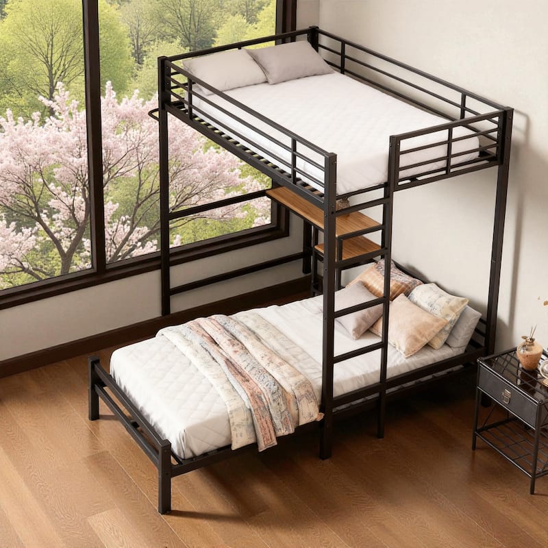 Twin Over Twin Metal Bunk Bed with Desk, L-Shaped Loft Design, Storage Shelves, Drawers, Guardrails and Ladder for Teens