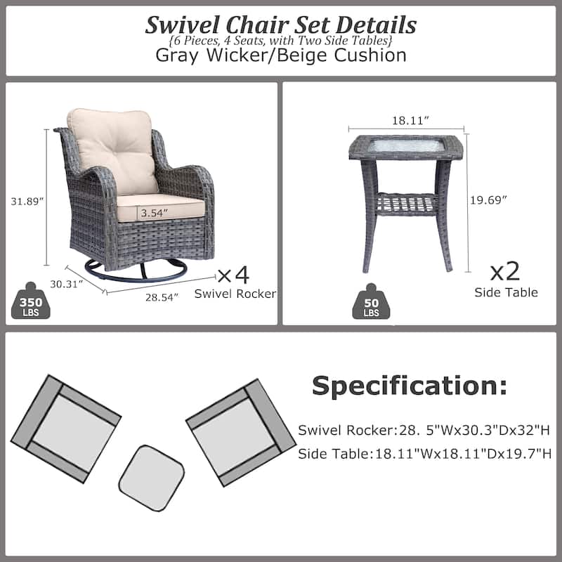 6-piece Wicker Outdoor Patio Furniture Set with Swivel Rocker Chairs