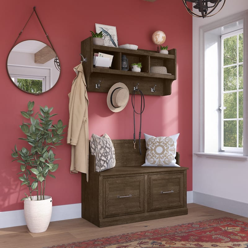 Woodland 40W Entryway Bench and Wall Mounted Shelf by Bush Furniture - Ash Brown